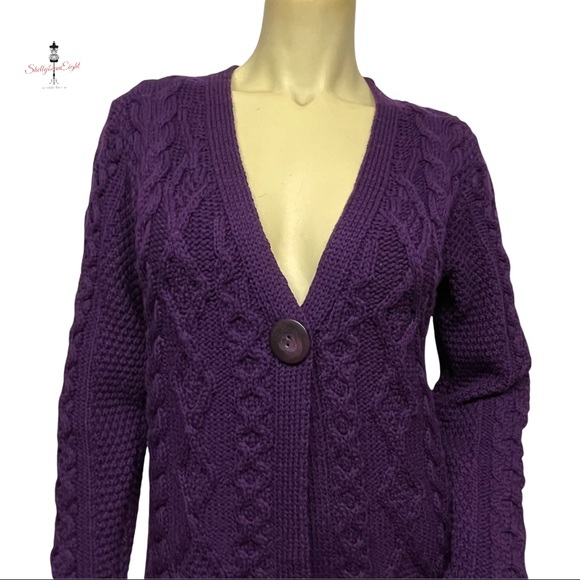 ARAN CRAFTS Merino Wool Chunky Knit Single Button Cardigan Sweater Purple XS S - Picture 5 of 13